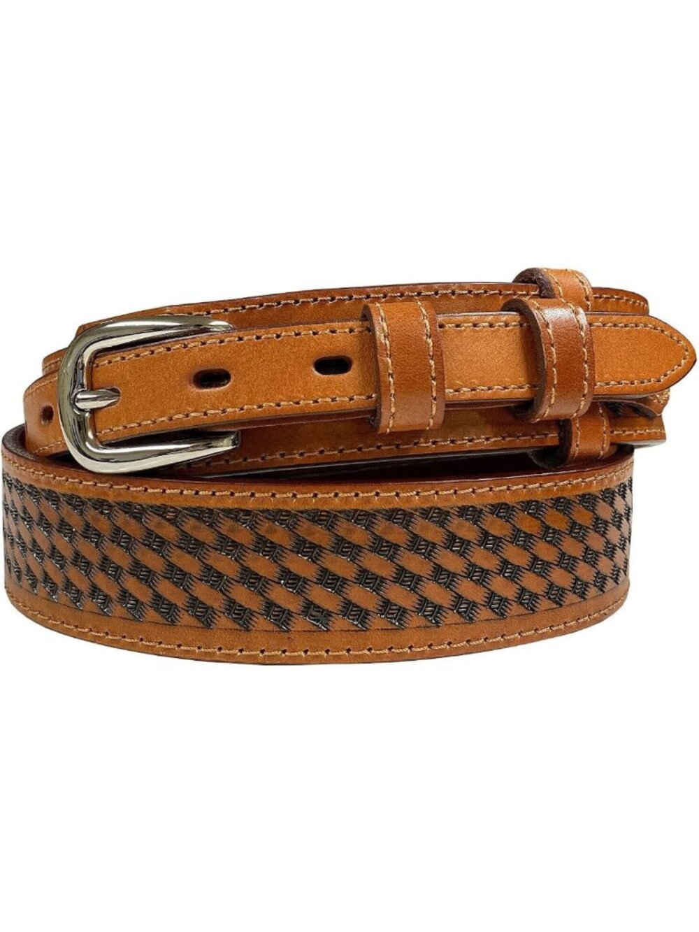Genuine Full Grain Leather Ranger Belt - Western Floral Tooled & Basketweave